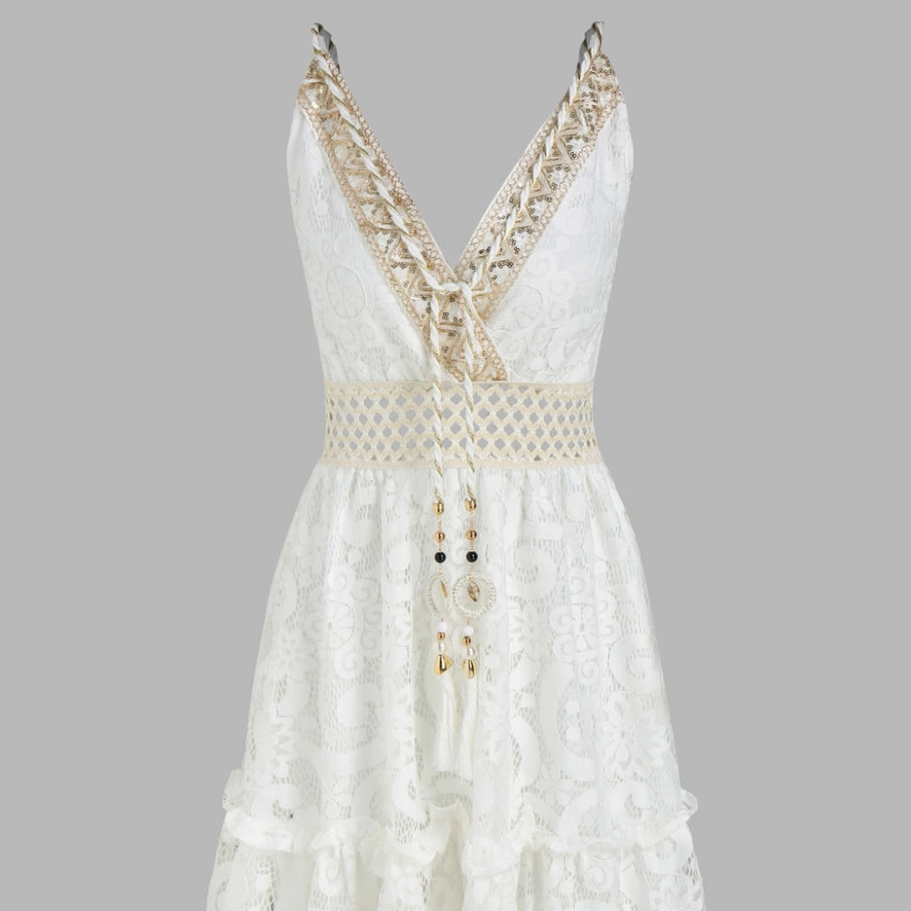Tassel Tie Front Lace Mini Dress